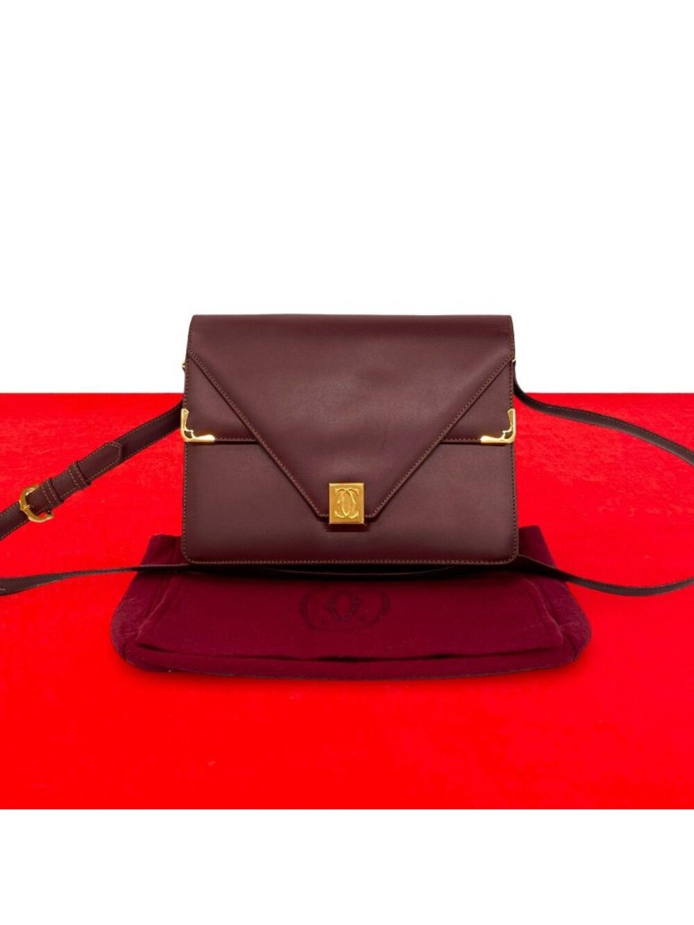 Cartier Vintage Must Line Leather Shoulder Bag Pochette Wine Red Bordeaux